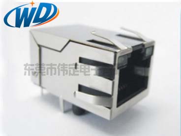 单口RJ45带变压器开口朝上带屏蔽壳LED灯弹片百兆千兆线路可选